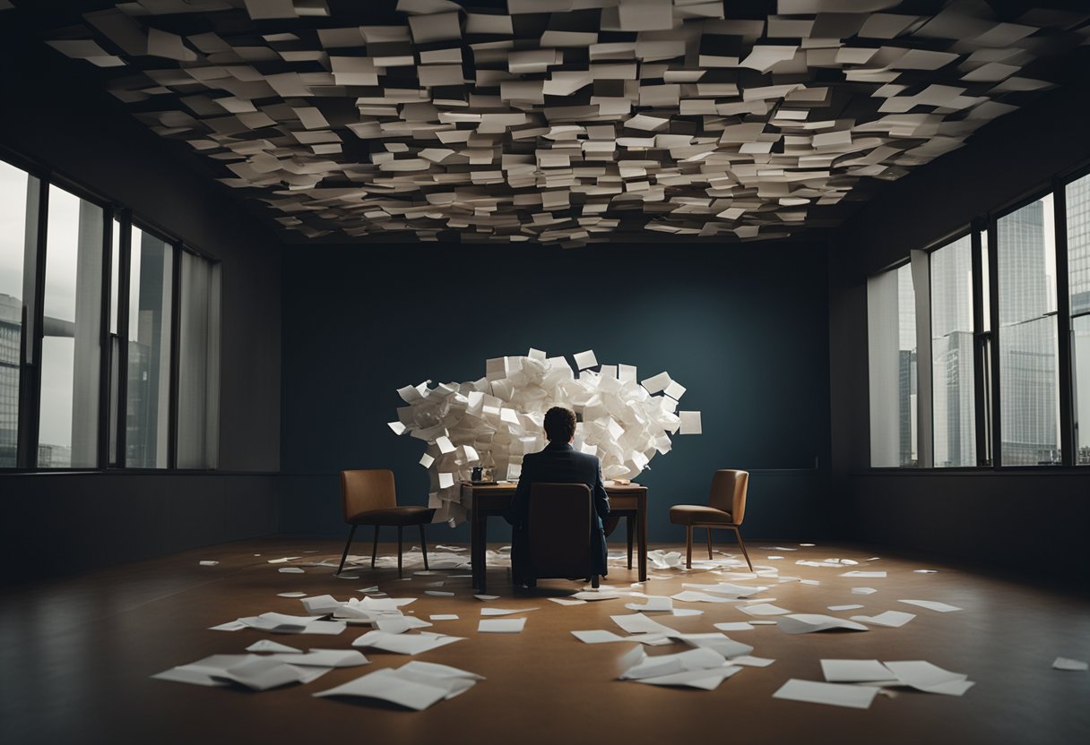 A person surrounded by papers, symbolizing anxiety and depression symptoms