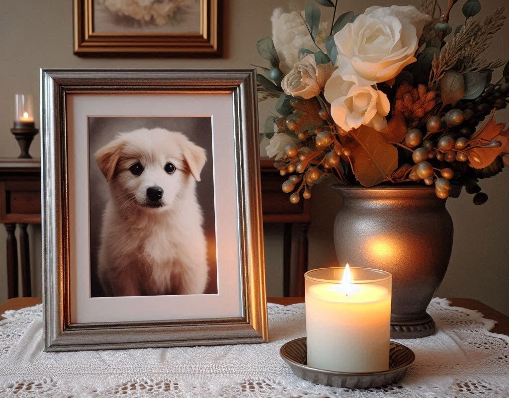 framed puppy picture with candle